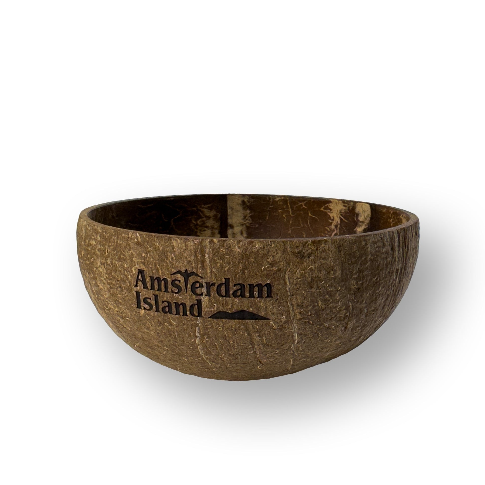 Coconut bowl with 'Amsterdam Island' engraving on a white background